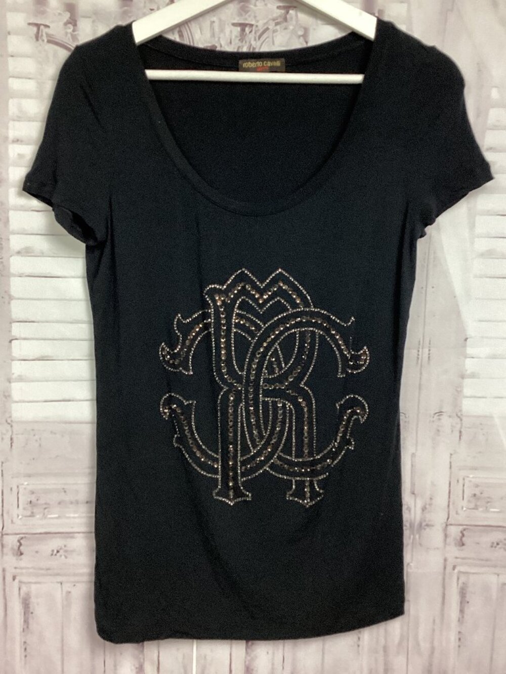 ROBERT CAVALLI Gym Tee Shirt Black Short Sleeve Logo Rhinestone M